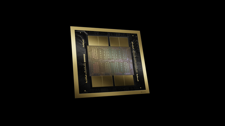 One of NVIDIA's gold Blackwell series chips pictured against a black background