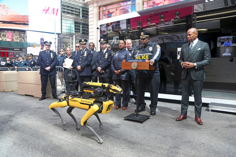 NEW YORK, NY - April 11: New York City Mayor Eric Adams joins New York City Police Commissioner Keechant Sewell, New York City Police Chief of Department, Jeffery Maddrey, along with New York City Police Department First Deputy Edward Caban and other NYPD Executives in formerly rolling out the StarChase GPS attachment system, the K5 Autonomous Security Robot and Spot, the DigiDog Robot as tools in the fight against crime on April 11, 2023 in Times Square section of New York City. 