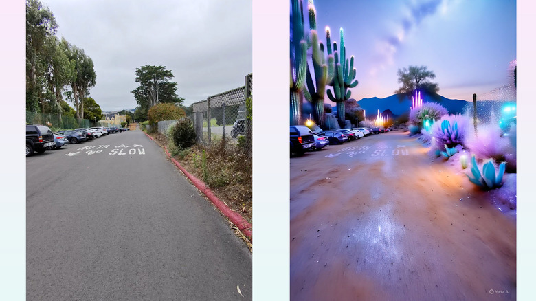 Stills from a video of a walk through a parking lot (left), and the same image after using the 