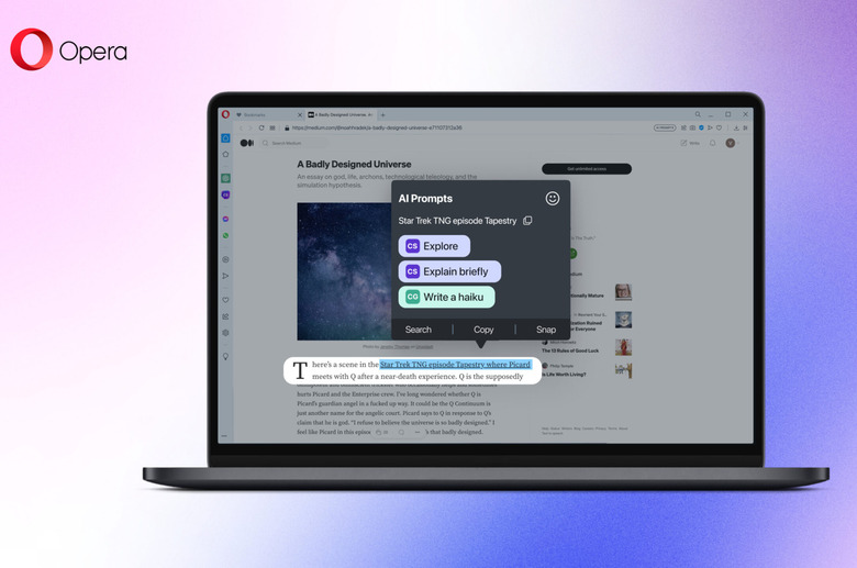 A key artwork showing Opera browser's new AI prompts.