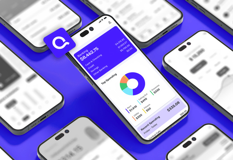 Marketing image featuring many smartphones lying diagonally with various aspects of the Quicken Simplifi on each. Purple background with drop shadows.