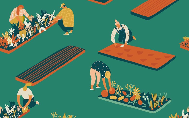 Gardening and farming seamless pattern. Farmer gardener cartoon people growing vegetables and flowers on the farm illustration in vector.