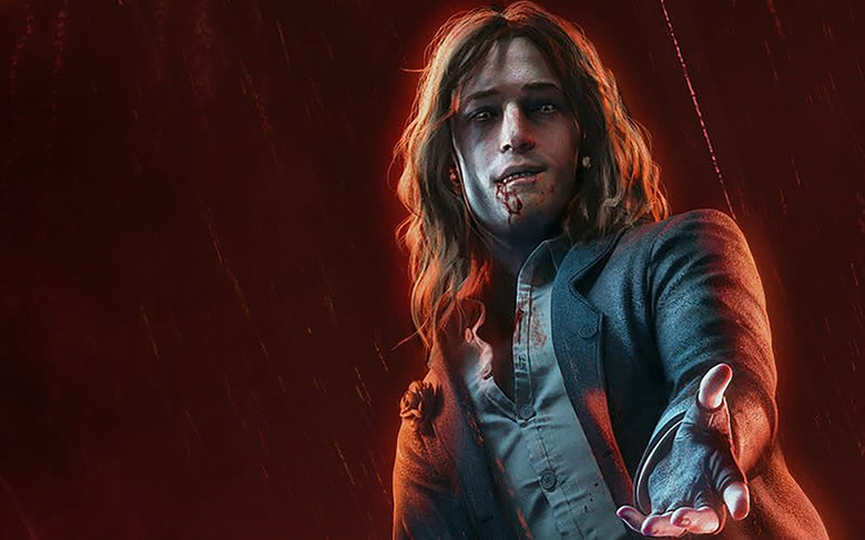 Screenshot from (a previous edition of) Vampire: The Masquerade - Bloodlines 2, featuring a young vampire with long hair and blood dripping down his chin. He is beckoning you as he extends his hand.