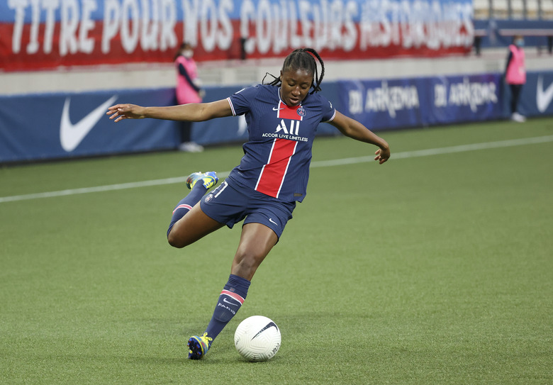 PARIS, FRANCE - JUNE 4: Kadidiatou Diani of PSG during the D1 Arkema women (feminines) football match between Paris Saint-Germain (PSG) and Dijon FCO (DFCO) at Stade Jean Bouin on June 4, 2021 in Paris, France. (Photo by John Berry/Getty Images)