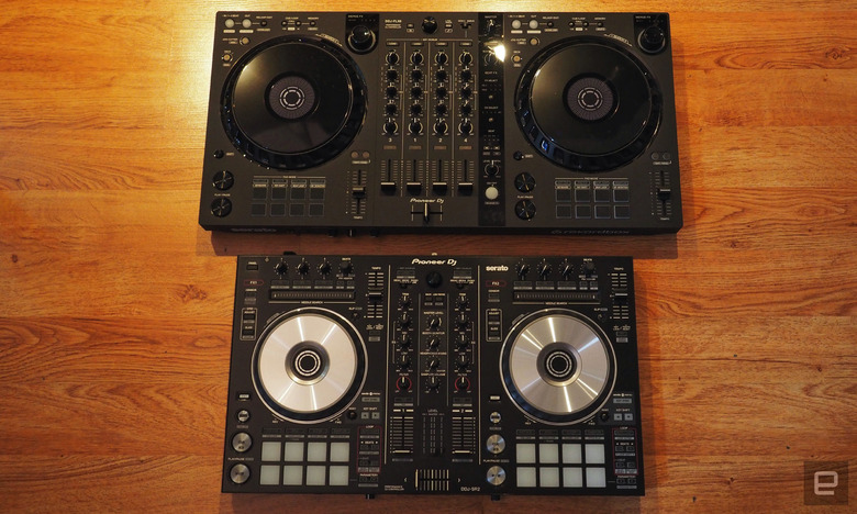 The hybrid DDJ-FLX6 (top) compared with the Serato-enabled DDJ-SR2.