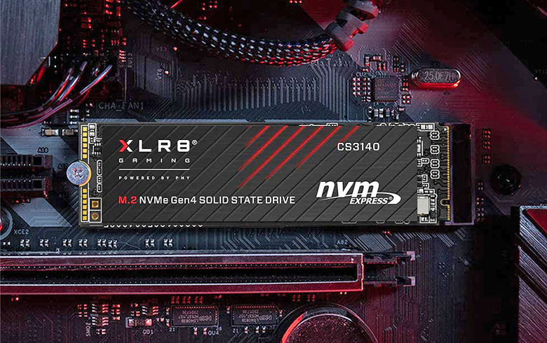 A closeup of the PNY XLR8 CS3140 SSD installed in a computer.