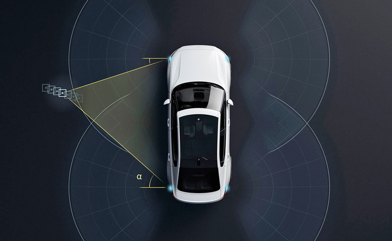 An overhead view of a Polestar EV with graphics representing the reach it's sensors.