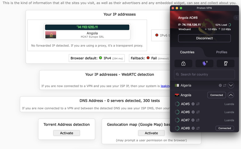 Proton VPN successfully masked our real IP address, even on a virtual location in Angola.