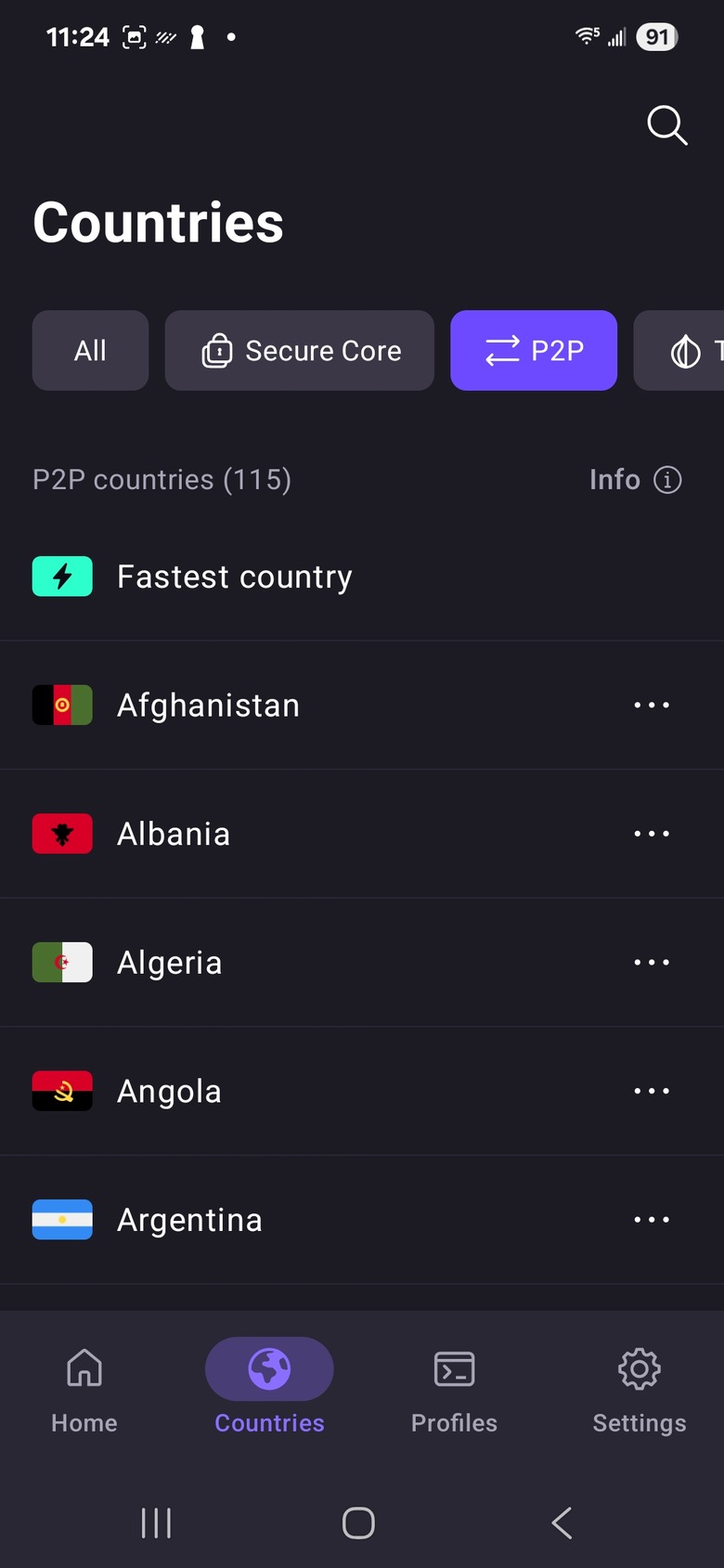 Proton VPN's list of P2P servers.