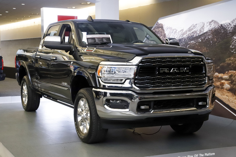 FILE - In this Feb. 14, 2019, photo a Ram 2500 Limited truck on display at the 2019 Pittsburgh International Auto Show in Pittsburgh. Fiat Chrysler’s Ram pickup unseated General Motors’ Chevrolet Silverado as the second-best selling vehicle in the U.S. during the first nine months of the year. (AP Photo/Gene J. Puskar, File)