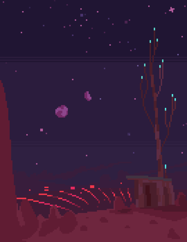 A pixel-art illustration of a fantastical Martian city