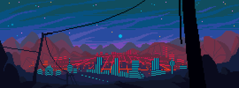 A pixel-art illustration of a fantastical Martian city