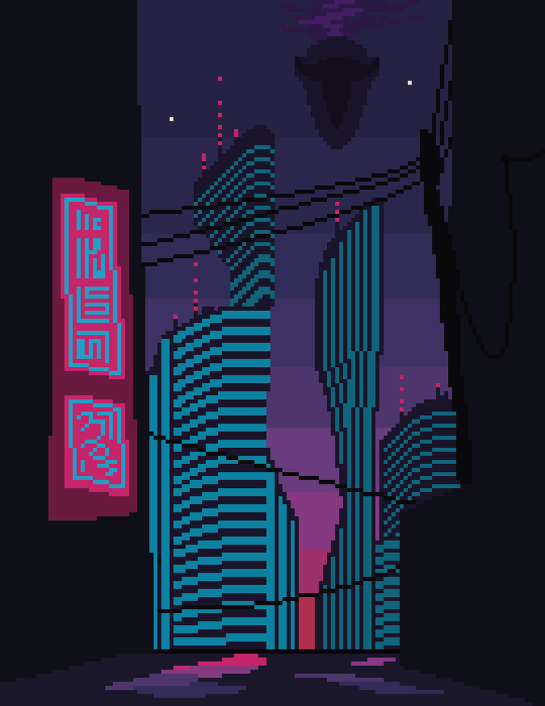 A pixel-art illustration of a fantastical Martian city