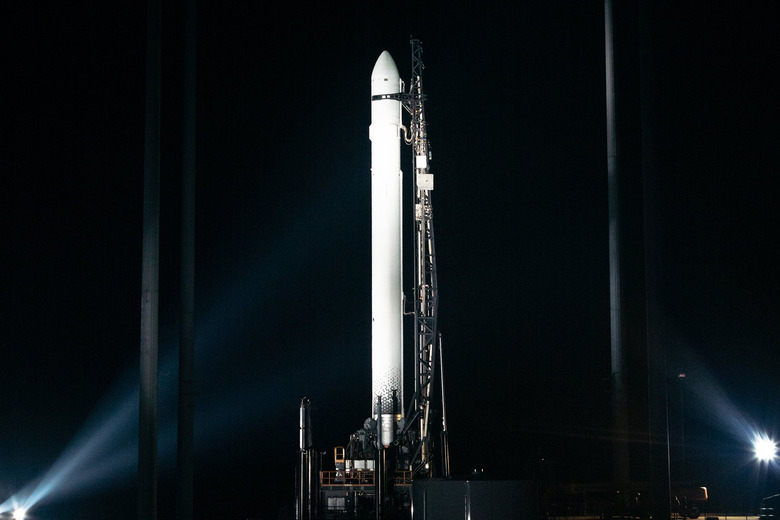 Relativity Space Terran 1 rocket on launchpad at night