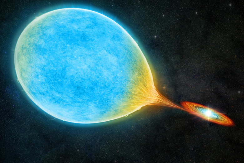 An artist’s illustration shows a white dwarf (right) circling a larger, sun-like star (left) in an ultra-short orbit, forming a “cataclysmic” binary system