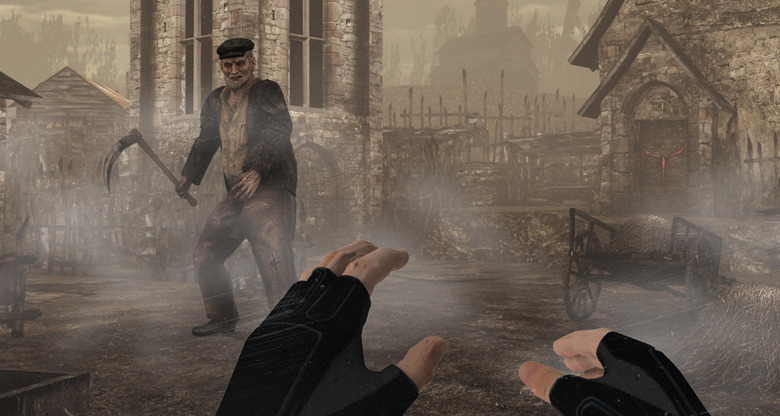 A screenshot from the Resident Evil 4 virtual reality remake, showing Leon's hands and a man with a scythe. 