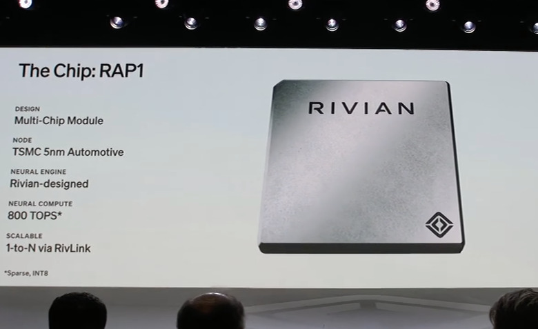 The screen at Rivian's Autonomy and AI day event, showing the RAP1 chip and some specs.
