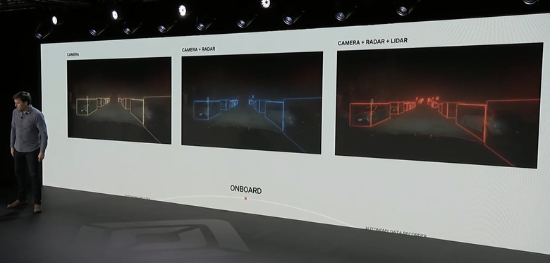 Rivian's James Philbin standing in front of a screen showing three different streams from camera, camera and radar and camera, radar and LiDAR.