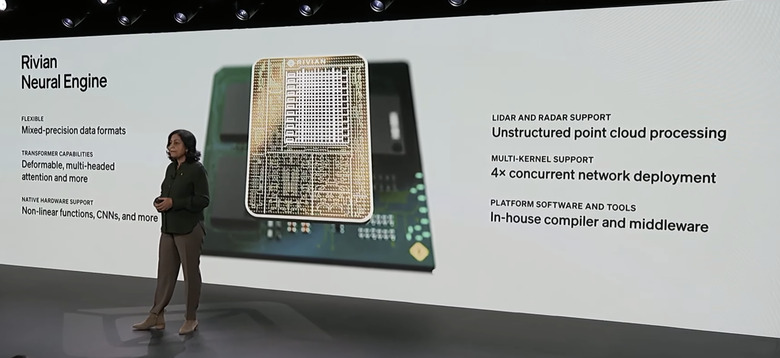 Screenshot of Rivian's Autonomy and AI Day event, with the stage showing the Rivian Neural Engine's features and details.