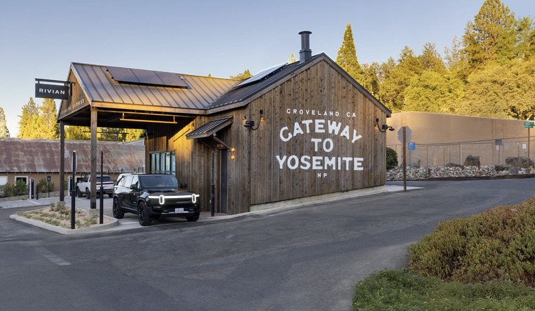 Rivian's Yosemite Charging Outpost pictured showing the outside of the building, which has 