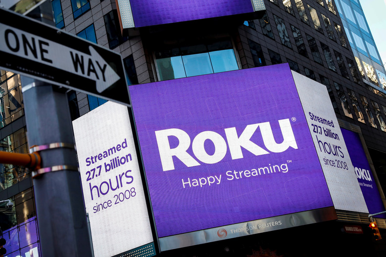 FILE PHOTO A video sign displays the logo for Roku Inc, a Fox-backed video streaming firm, in Times Square after the company's IPO at the Nasdaq Market in New York, U.S., September 28, 2017. REUTERS/Brendan McDermid/File Photo GLOBAL BUSINESS WEEK AHEAD