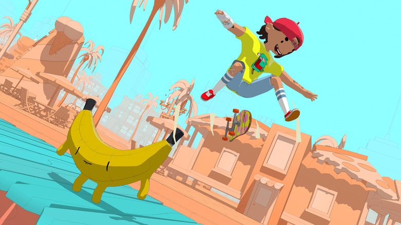 A character from the game OlliOlli World kick-flipping over a banana man.