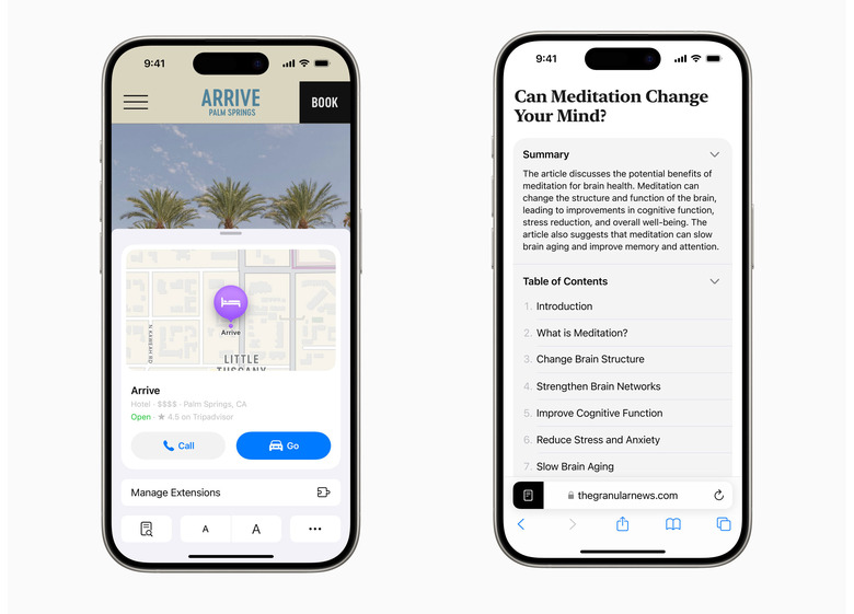 A composite of two images, each showing an iPhone with a different Safari feature on its screen. The left shows the new Highlights tool that displays pertinent information of a hotel's website, like a map with its location, a call button with its phone number and address. The right shows the redesigned Reader, which has a summary and table of contents for the article 