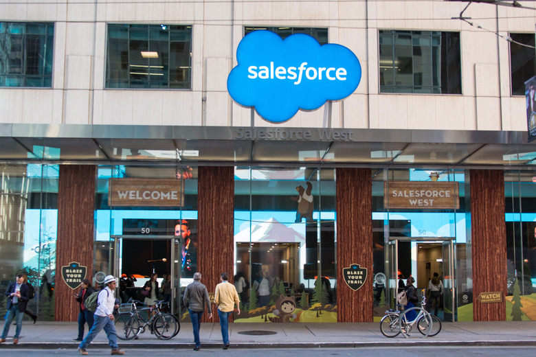 San Francisco, California - November 6th, 2017; a view of the Salesforce West entrance on Mission Street on the first day of the Dreamforce 2017 conference.