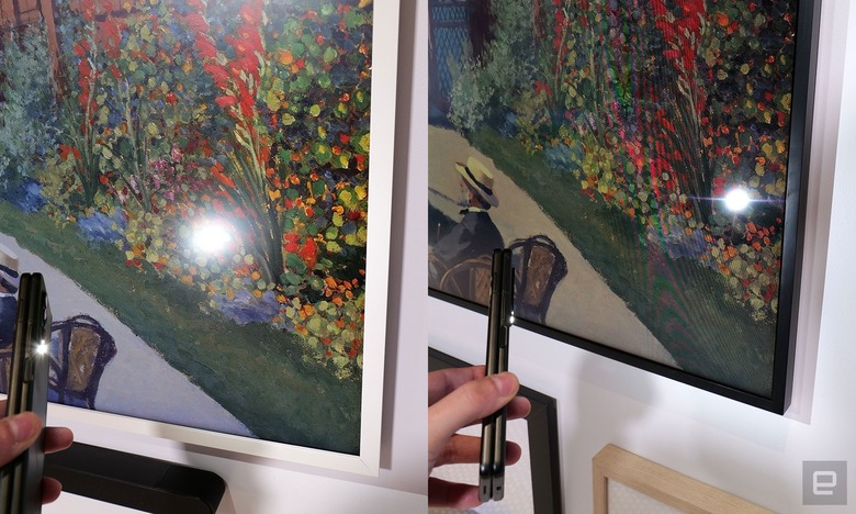 Here's a comparison showing the effect the 2022 Frame's (left) anti-reflective coating has when light is shined on it versus last year's model (right). Note how the glare is much less harsh on the new Frame.