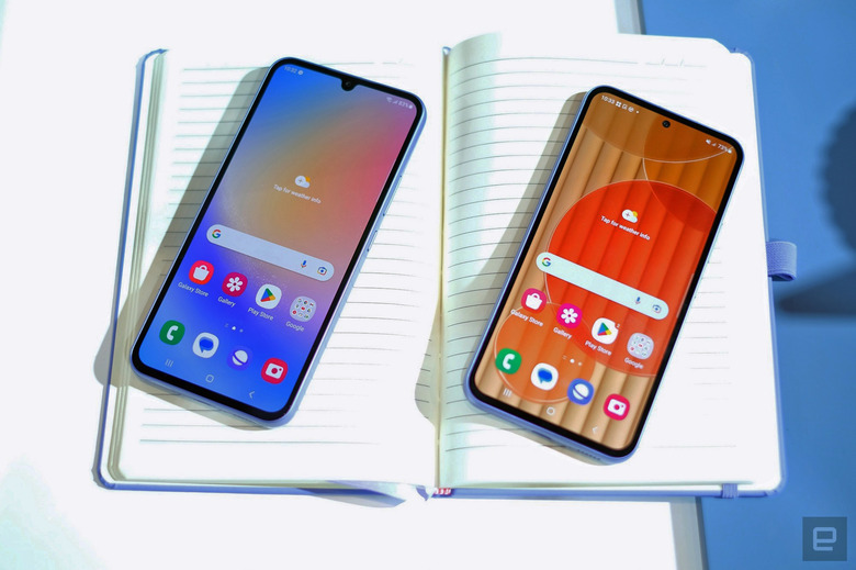 The Galaxy A34 (left) has a few differences to the pricier Galaxy A54 (right).