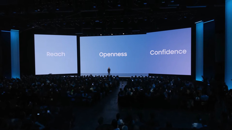 TM Roh, CEO and Head of Mobile eXperience for Samsung, is discussing the three priorities: reach, openness and confidence.