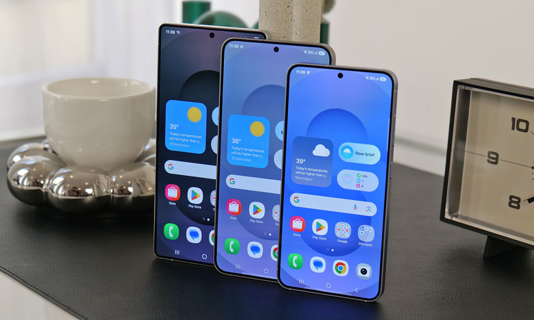 The Samsung Galaxy S25 family featuring the Galaxy S25 Ultra (left), the S25+ (middle) and the base S25 (right). 