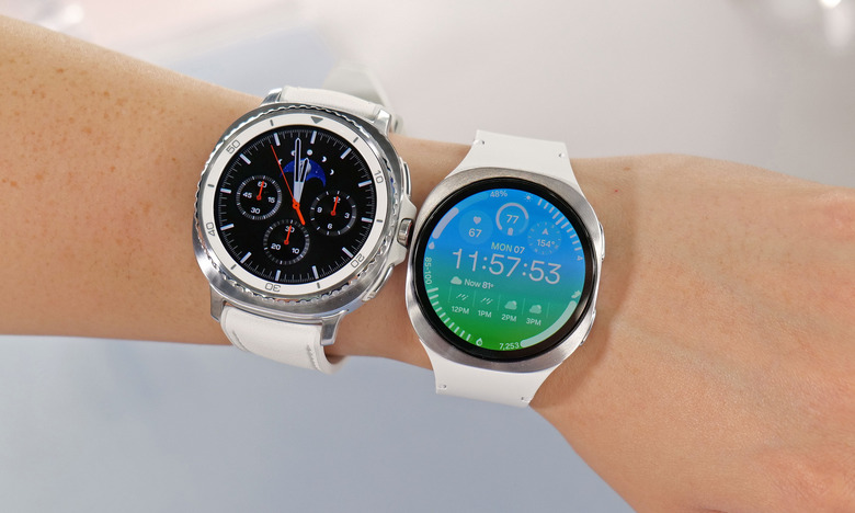 The Samsung Galaxy Watch 8 Classic and Galaxy Watch 8, both strapped onto a person's wrist and forearm.
