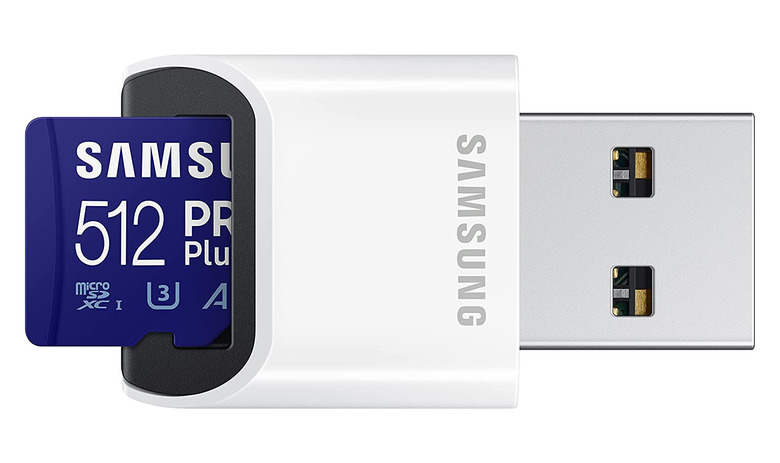 A product photo of 512GB microSDXC Samsung PRO Plus inside a reader.