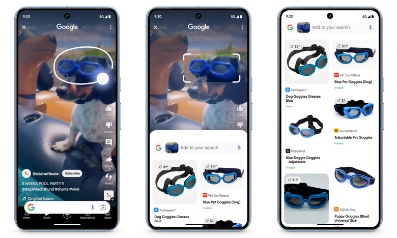 Three phone screens lined up horizontally, showing a new Google feature that lets you circle something on your screen to search for it. The left screen shows a picture of a dog wearing sunglasses in a social post with a user-scribbled circle over it. The center screen shows a results page that pops up at the bottom of the screen. The right screen shows an expansion of that with product pages for the goggles.