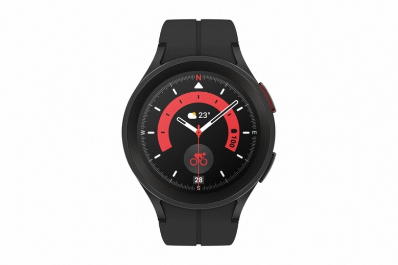 A black watch with a red and white interface on it. 