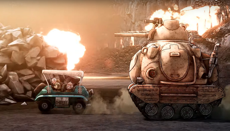 An image of a tank chasing a golf cart. 
