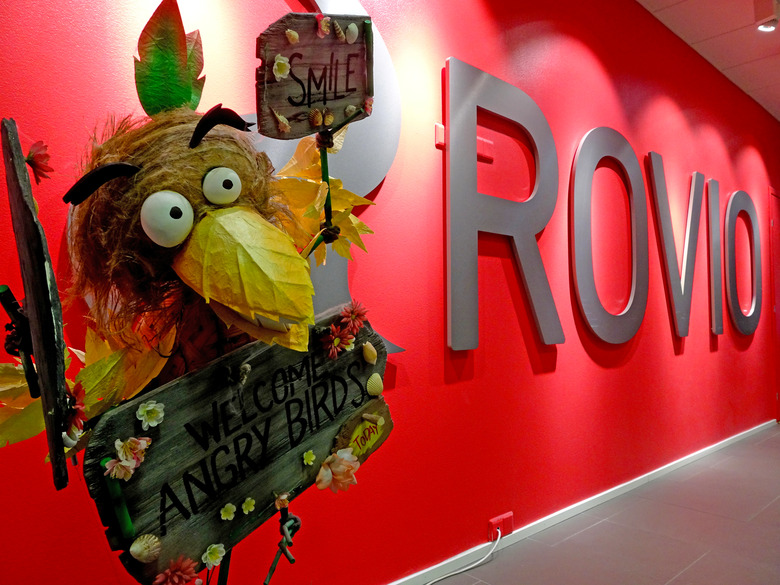 A company sign and an Angry Birds game character are seen at the Rovio headquarters in Espoo, Finland March 13, 2019. Picture taken March 13, 2019. 