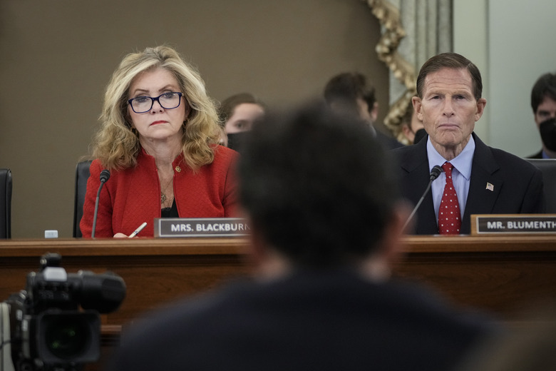 WASHINGTON, DC - DECEMBER 8: (L-R) Sen. Marsha Blackburn (R-TN) and Sen. Richard Blumenthal (D-CT) listen to testimony from Head of Instagram Adam Mosseri during a Senate Commerce, Science, and Transportation Committee hearing titled Protecting Kids Online: Instagram and Reforms for Young Users on Capitol Hill, December 8, 2021 in Washington, DC. The committee questioned Mr. Mosseri about how the platform impacts the mental health and safety of teens and children. (Photo by Drew Angerer/Getty Images)