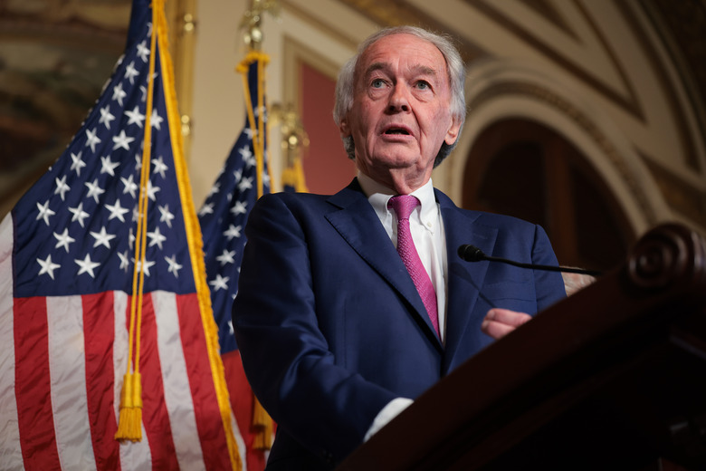 WASHINGTON, DC - MAY 05: U.S. Sen. Ed Markey (D-MA) speaks during a press conference in the Lyndon Baines Johnson Room at the U.S. Capitol on May 05, 2025 in Washington, DC. Senate Democrats gathered to address how U.S. President Donald Trump's tariffs were affecting small businesses. (Photo by Kayla Bartkowski/Getty Images)