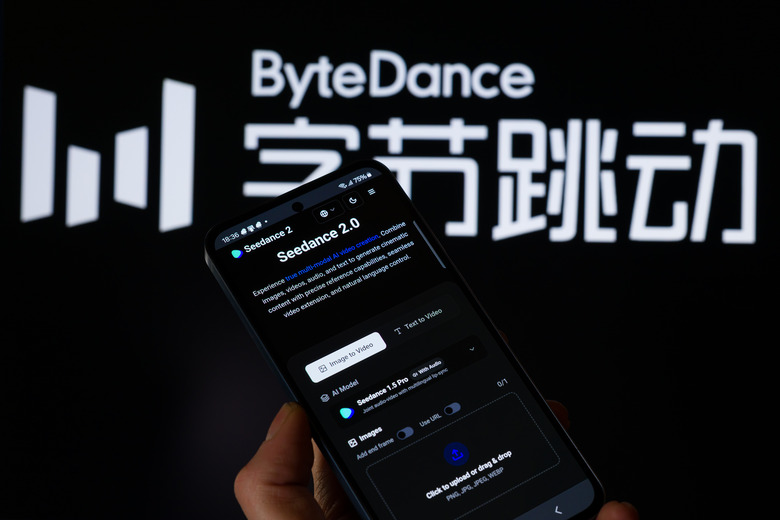The Seedance2.0 app appears on a mobile phone with the company branding visible in the background in this photo illustration in Brussels, Belgium, on February 16, 2026. (Photo by Jonathan Raa/NurPhoto via Getty Images)