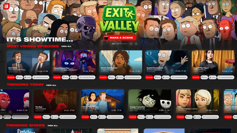 A Netflix-style interface of preview images for AI-generated animated shows.