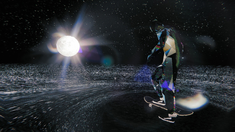 A skater made of glass ponders the moon in an ethereal realm.