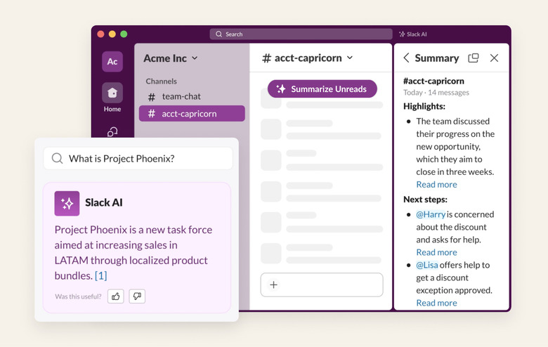 A screenshot showing the Slack interface with a note on its new AI capabilities.
