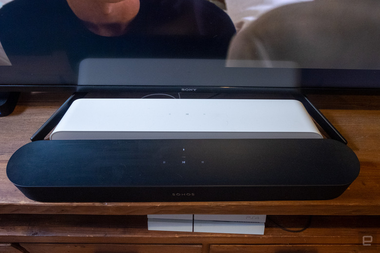 The Sonos Beam (in black) pictured in front of the new Sonos Ray (in white).