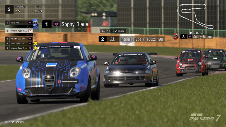 Screenshots of various aspects of the GT Sophy racing experience