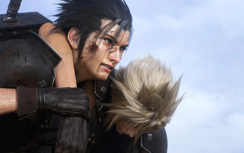 Computer graphics of a black haired character in armor propping up an unconscious blonde-haired character.