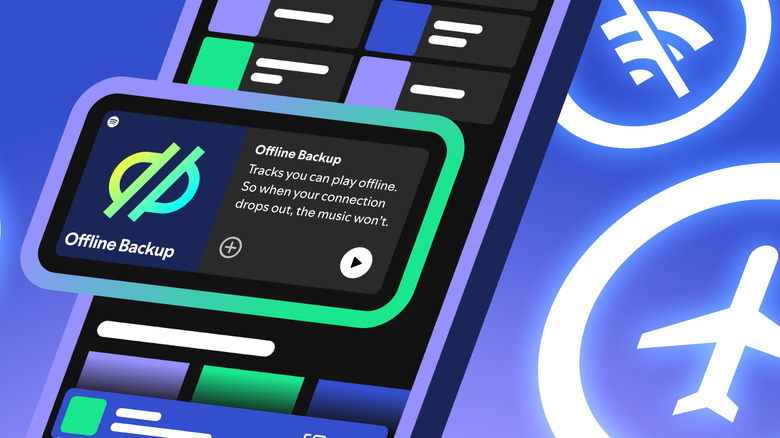 Marketing graphic showing Spotify's Offline Backup playlist feature. Digital illustration of a phone with the feature popping out from it in 3D. Visuals for airplane mode and Wi-Fi off in the blue background.