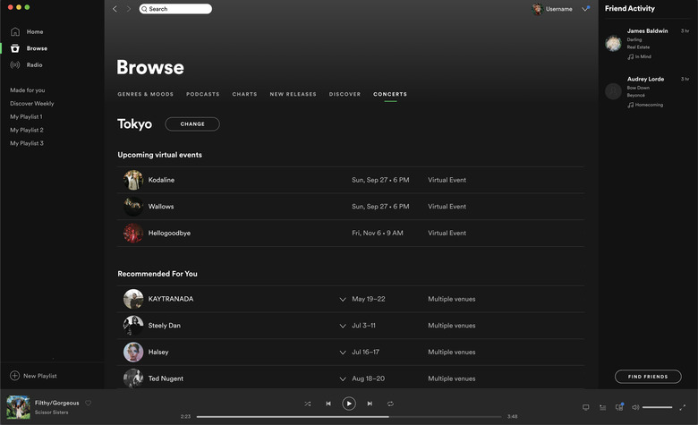 Virtual events featured in Spotify's Concerts hub.