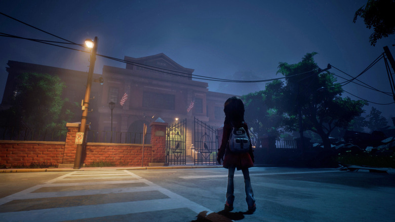 A young girl wearing a backpack is shown from behind as she looks at a dimly-lit school in this image from the video game 'Gylt'.